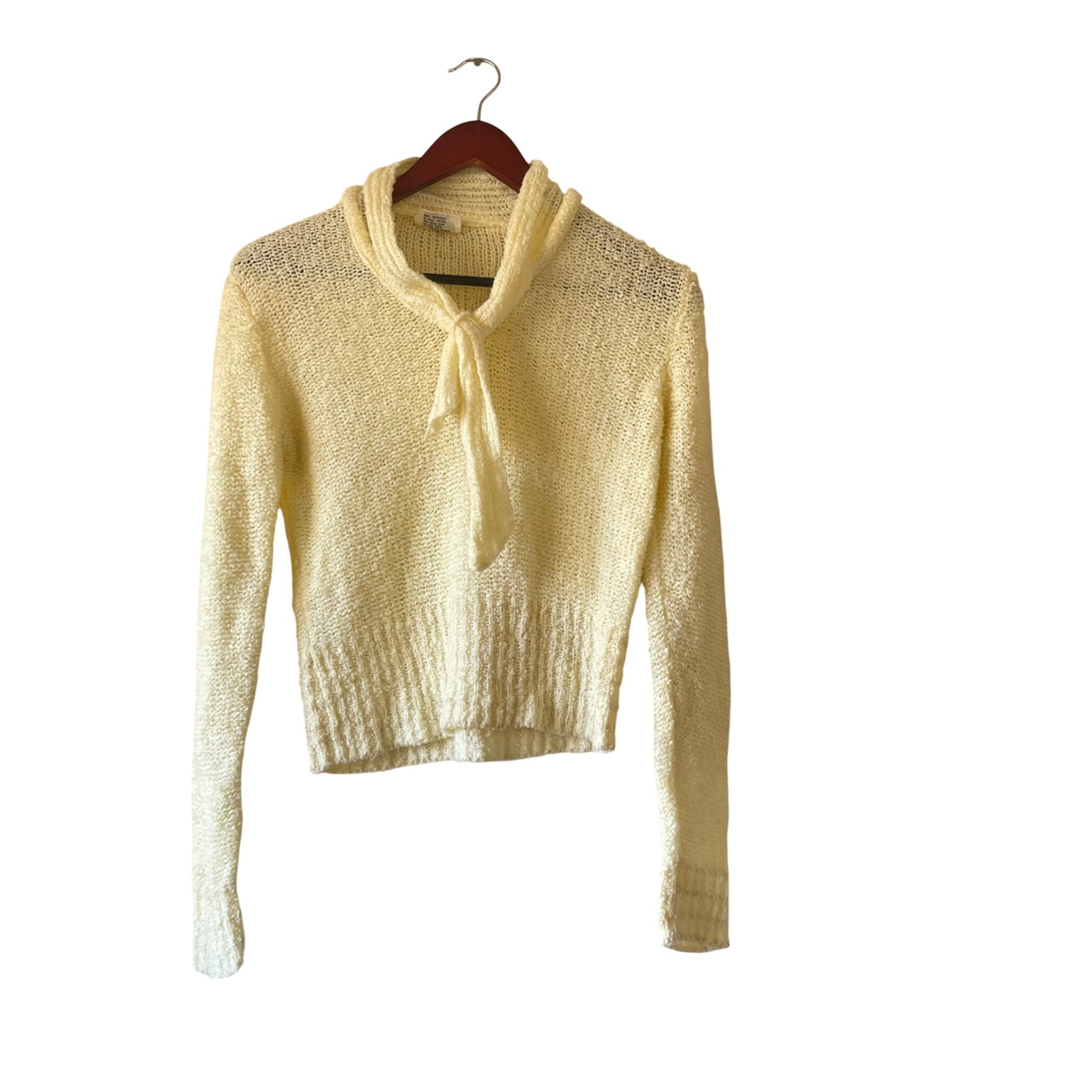 Vintage Cream Yellow Tie Neck Open Knit Sweater Boucle Size Small